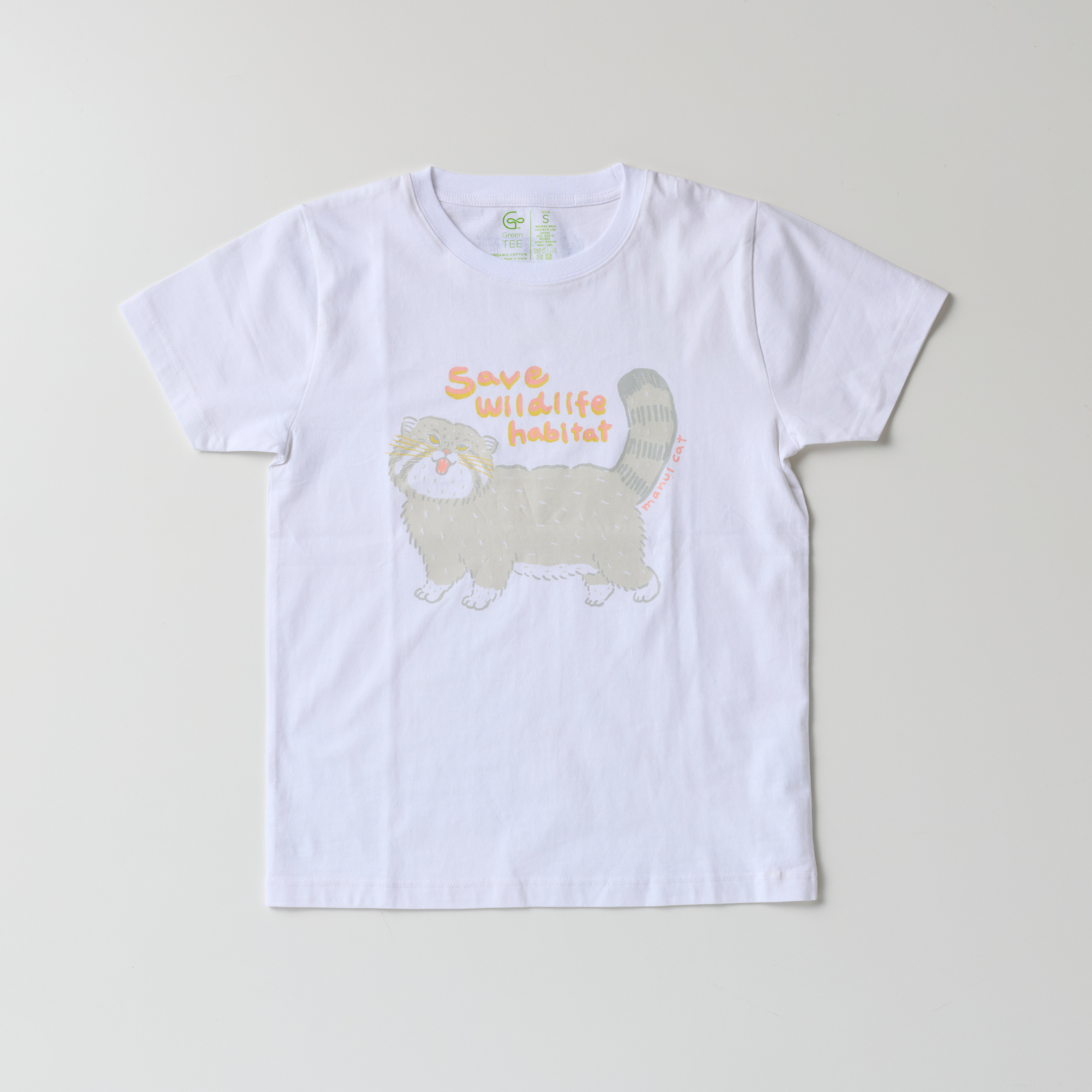 オーガニックコットン Tシャツ マヌルネコの叫び 白地 男女兼用 – WWF