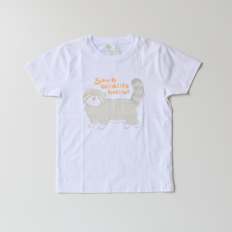 オーガニックコットン Tシャツ マヌルネコの叫び 白地 男女兼用